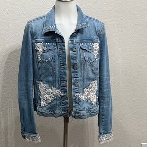 Ann Taylor Light Blue Denim Jacket with White Lace & Stud Detail Medium